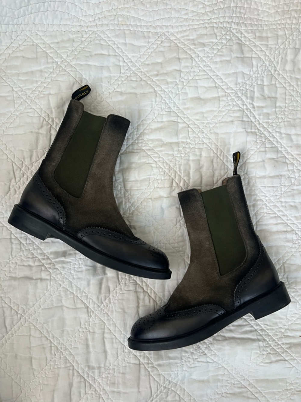 Doucal's Olive Suede & Black Leather Chelsea Boots